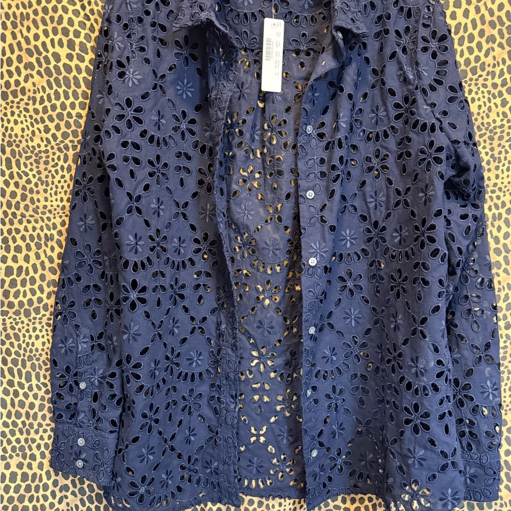J. Crew Dark Blue Floral Eyelet Blouse